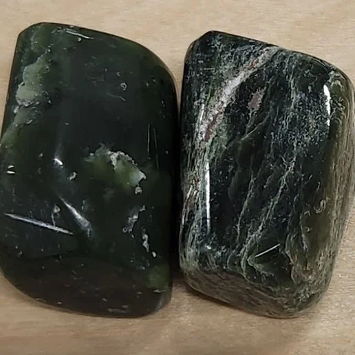 Deep green Nephrite Jade stone shown in polished and natural forms with smooth, earthy texture.