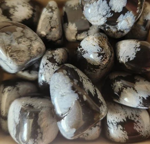 Polished Snowflake Obsidian stones and sphere showing black volcanic glass with white snowflake-like crystal patterns.