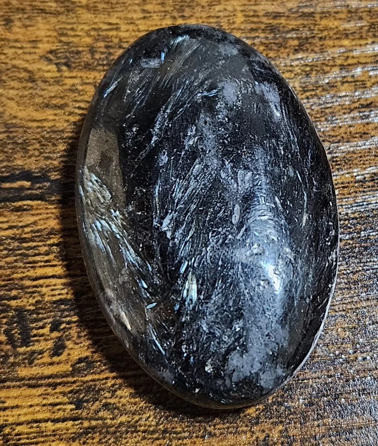 Arfvedsonite stone with a dark black base and shimmering blue-silver flashes, showing a polished surface and reflective crystalline patterns.