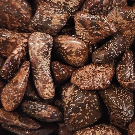 Brown Star Jasper stone with natural star-like patterning shown polished and tumbled.