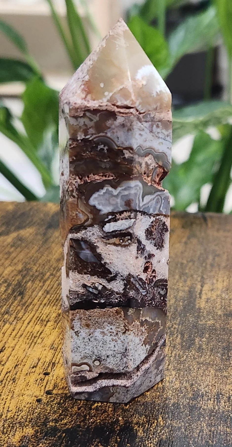 Crazy Lace Agate stone displaying intricate swirling patterns in cream, brown, and warm earthy tones with a polished finish.