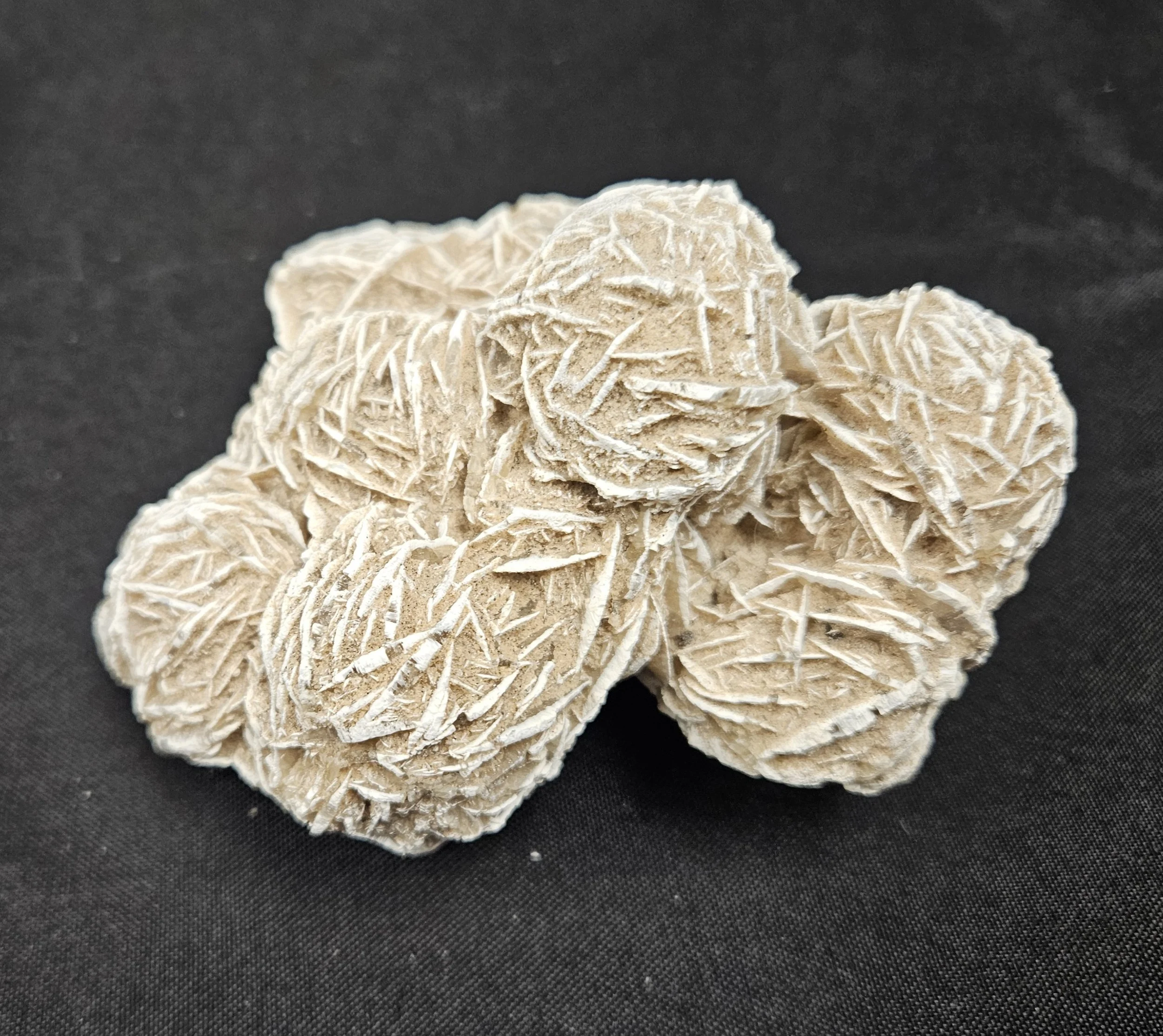 Desert Rose crystal formation showing layered, petal-like blades with sandy beige tones.
