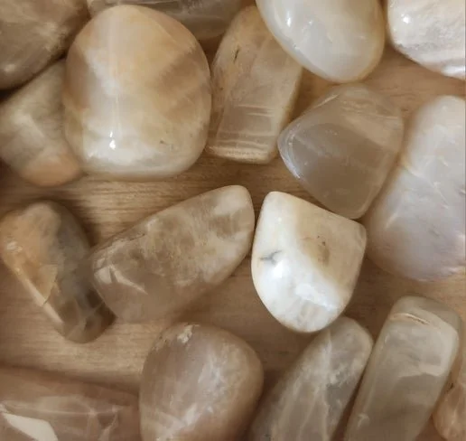 White Moonstone stones with milky glow and soft blue flash displayed on a neutral background.