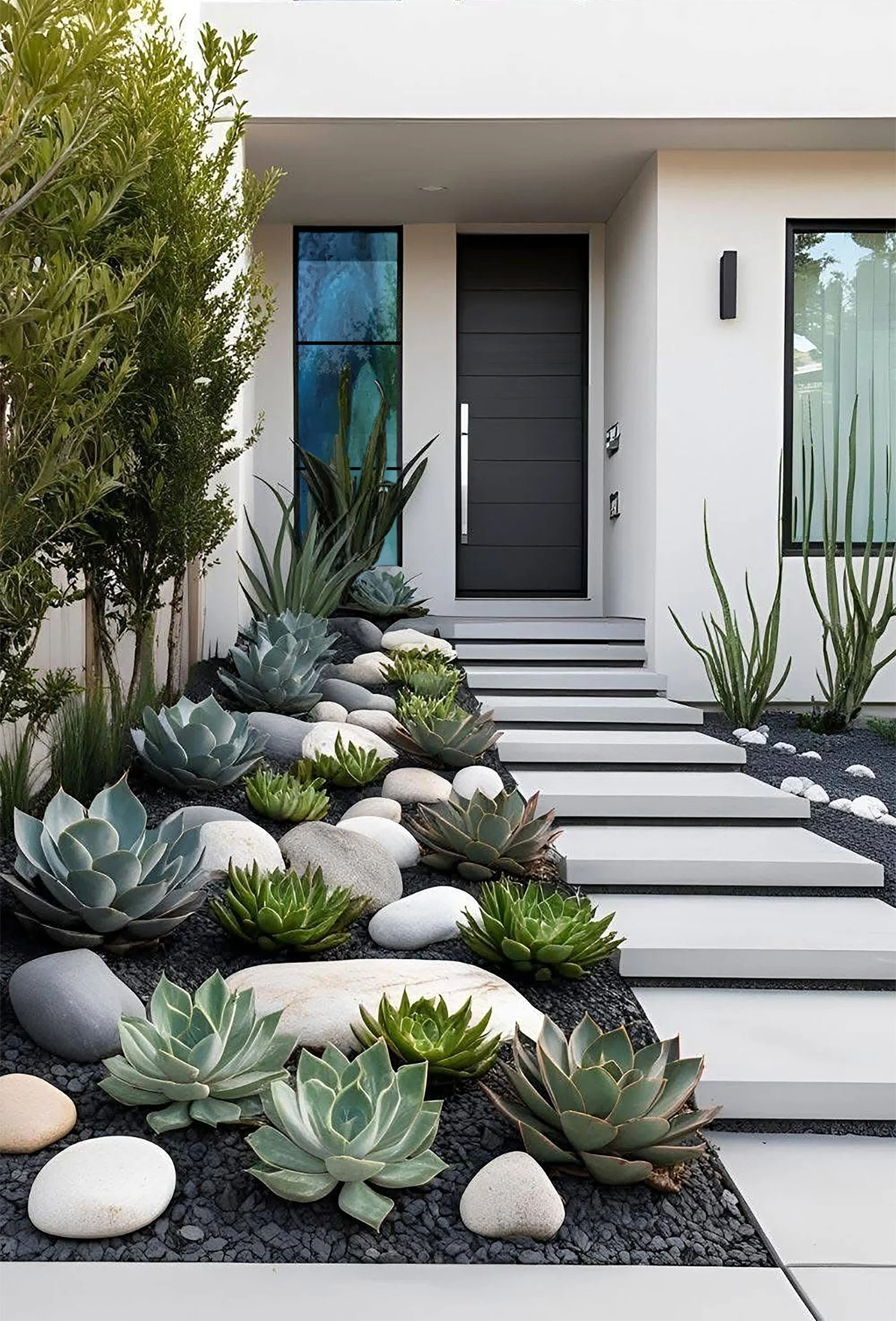 Modern house entrance with concrete steps leading to a black front door, surrounded by desert landscape with succulents, agave plants, and decorative white and gray stones.