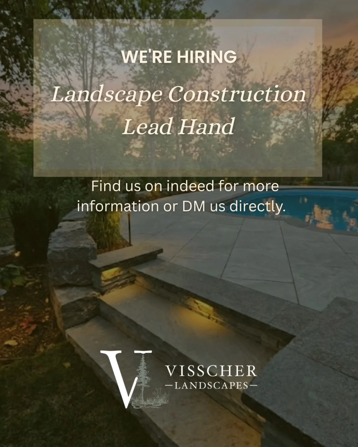 We&rsquo;re hiring! 

Visscher Landscapes is looking for a motivated Landscape Construction Lead Hand to join our growing team in the Kitchener&ndash;Waterloo area. If you take pride in quality work, enjoy being part of a tight-knit crew, and have ex