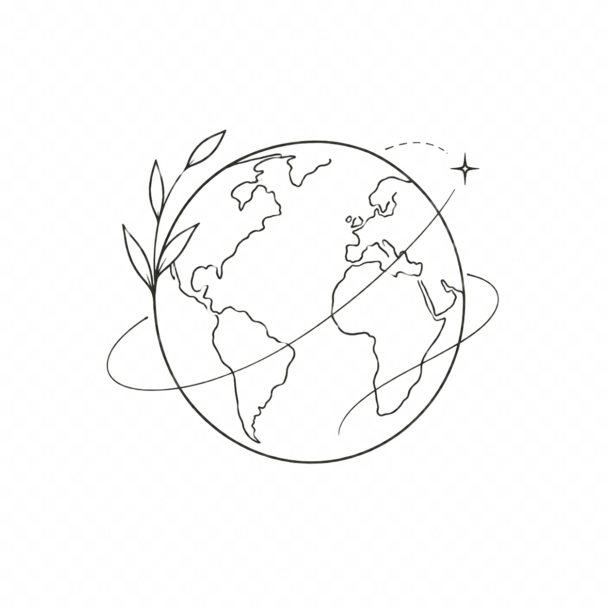 A line drawing of a globe with a laurel branch on the left and a star-tipped wand on the right, set against a checkered transparent background.