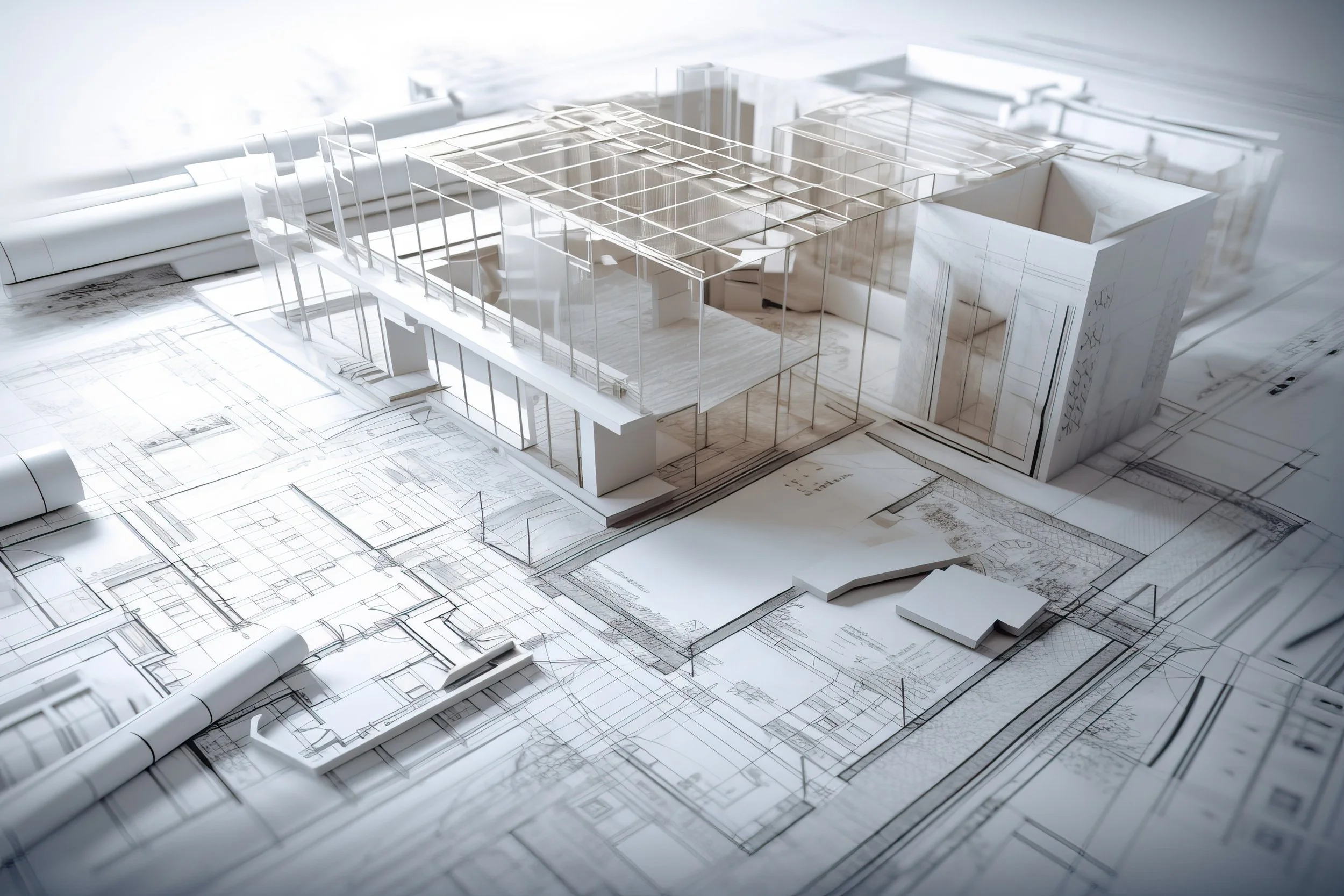 Architectural model of a modern building on blueprints and design plans.