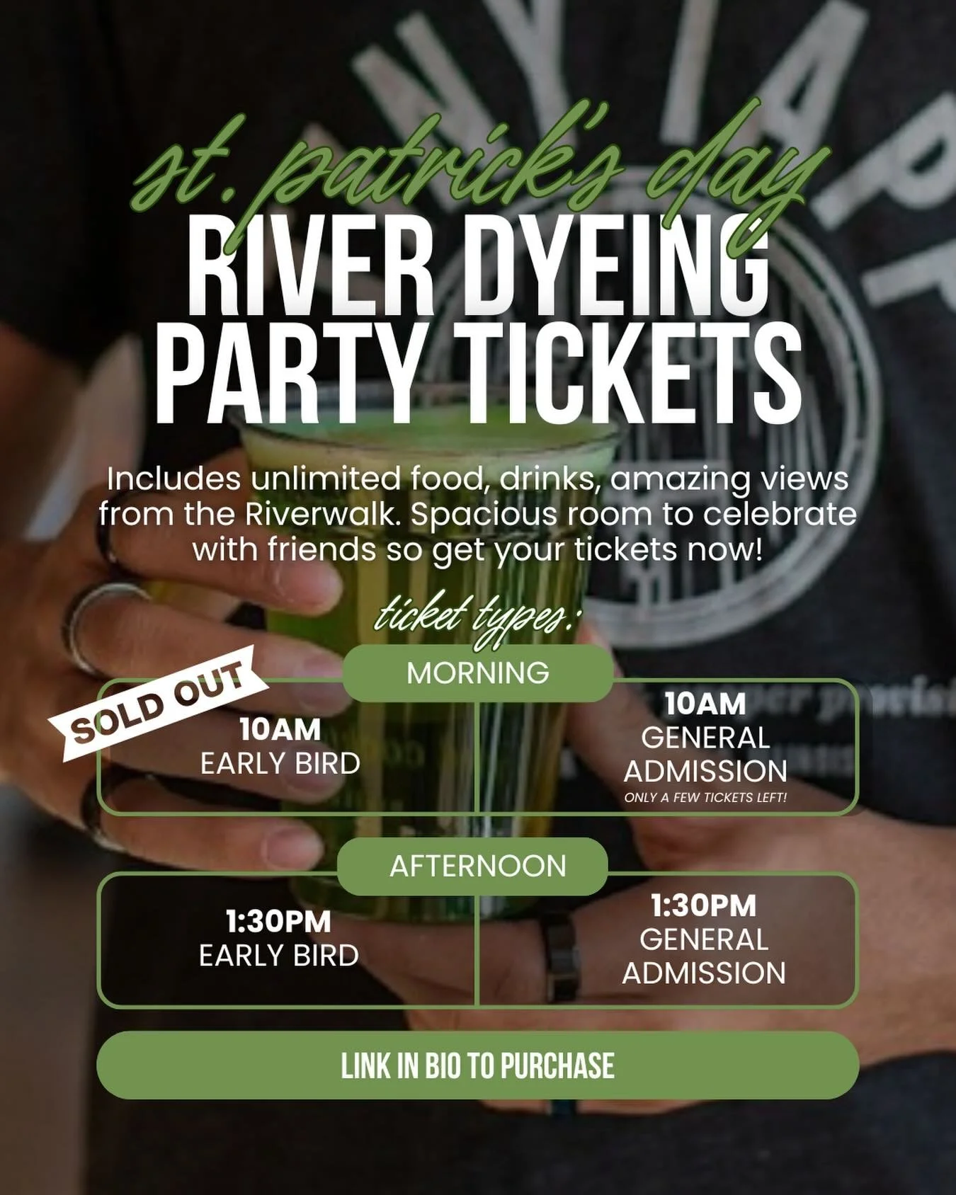 Green beer on the green river? Don&rsquo;t mind if we do ☘️ Don&rsquo;t forget to grab your tickets for our St. Patrick&rsquo;s Day Party on March 14th and experience the Chicago River Dyeing like never before (plus unlimited food + drinks 😉). TICKE