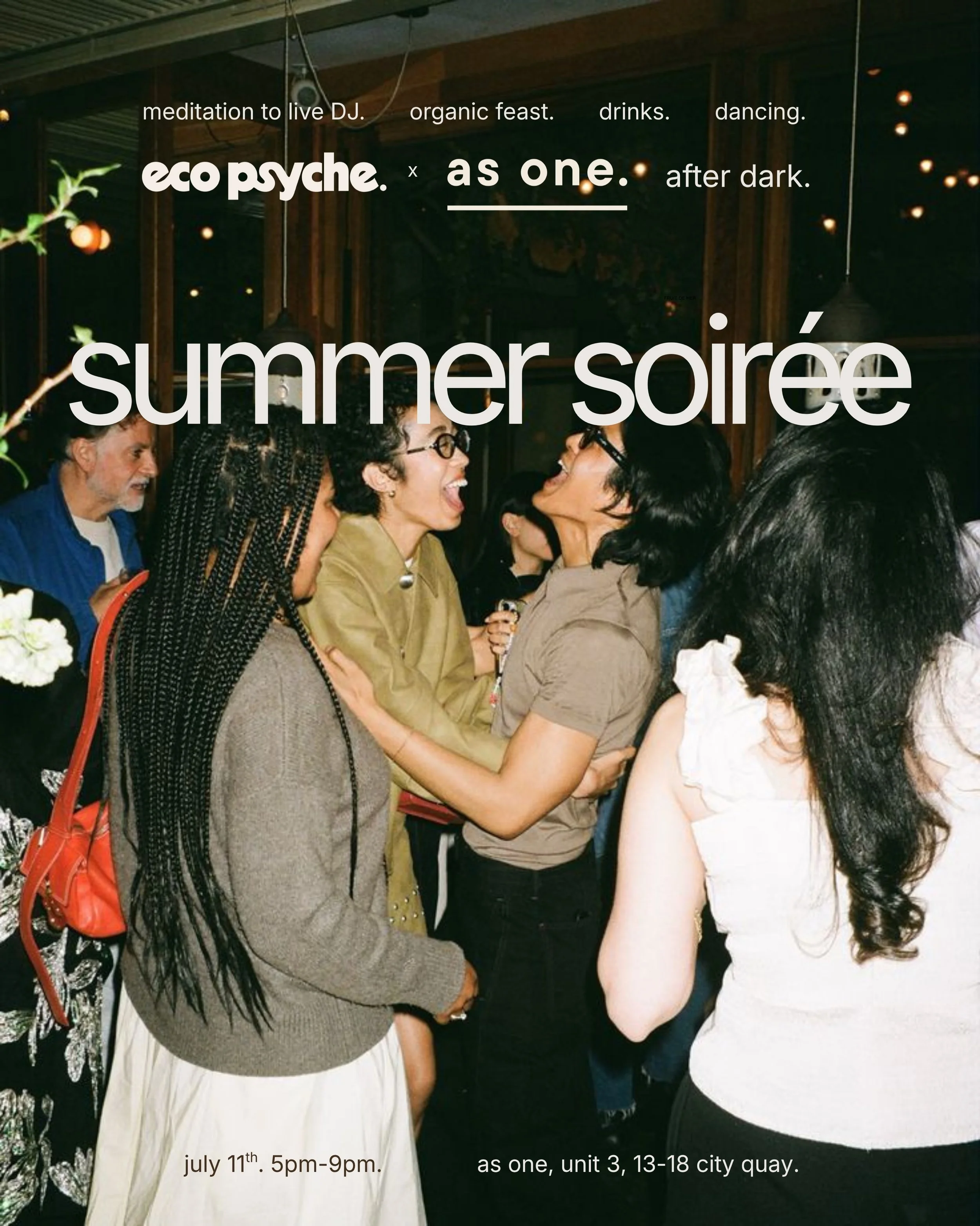 very excited to announce our next event: summer soir&eacute;e🍸

not your typical night out&hellip; an opportunity to drop in, to connect with others, &amp; have some fun. 

🌀guided meditation to live DJ set 
🌀organic, seasonal feast with a supper 