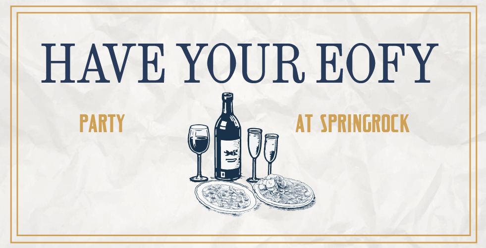 Party invitation for a party at Springrock with illustrations of a wine bottle, a glass of red wine, two champagne glasses, and two plates of pizza.