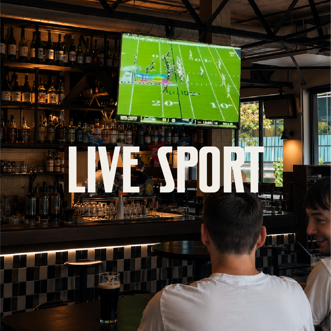 People watching a football game on a large TV screen in a bar or restaurant, with the words 'LIVE SPORT' overlaid on the image.