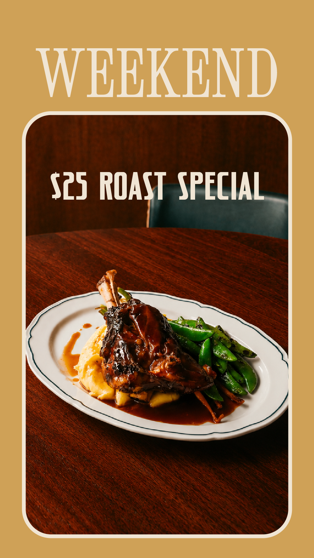 Plate of roast meat with mashed potatoes and green beans on a wooden table.