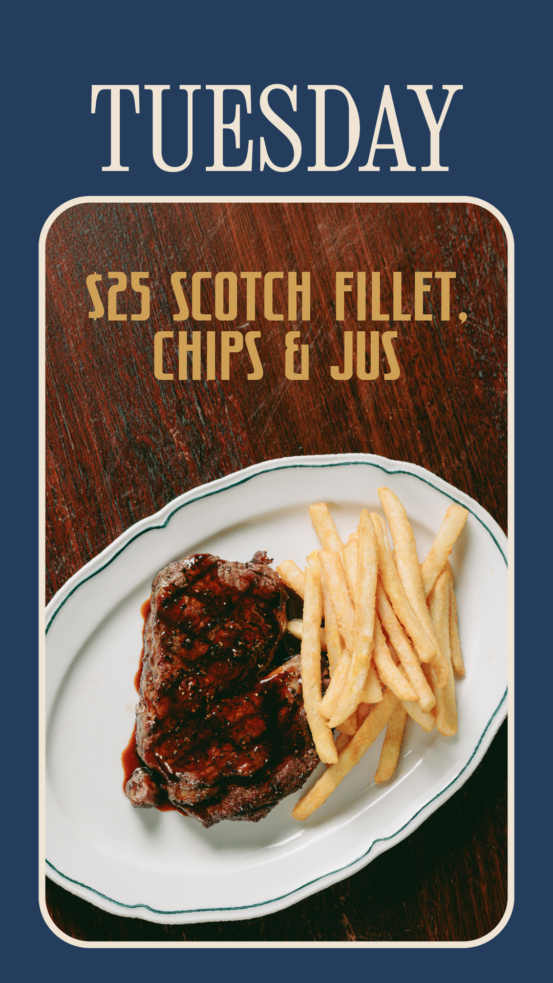 Plate with grilled steak topped with sauce and a side of French fries on a white plate.