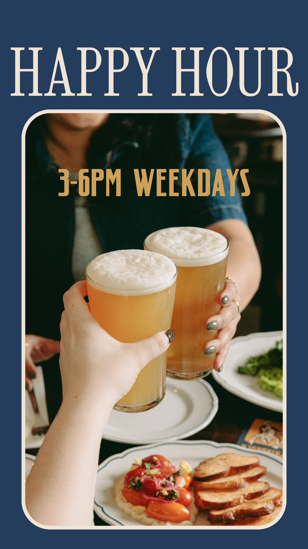 People clinking glasses of beer during happy hour, with plates of food in the background.