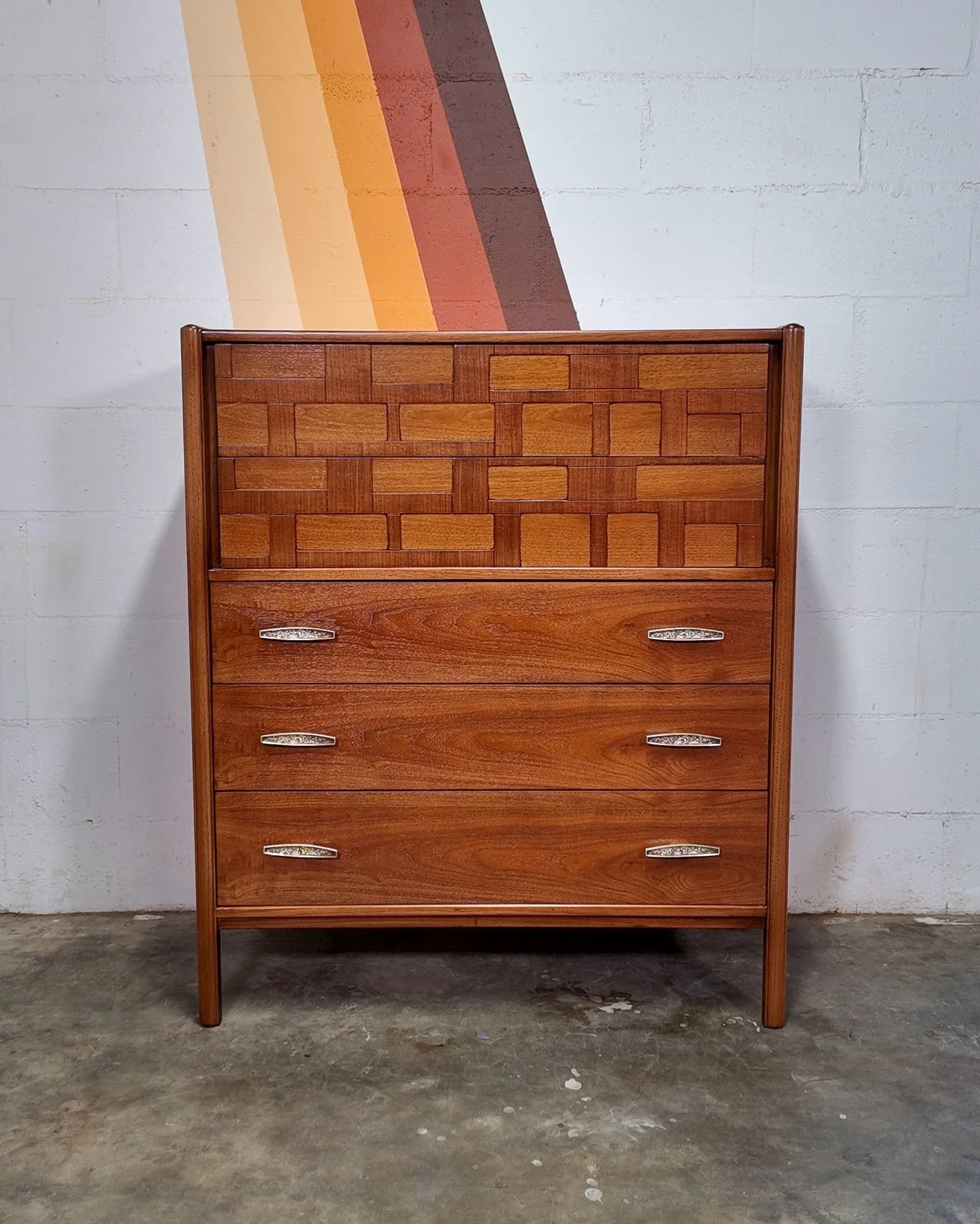 Walnut Weave-Pattern Highboy Dresser [$695]
.
Dimensions: 45&rdquo;H x 38&rdquo;W x 18&rdquo;D