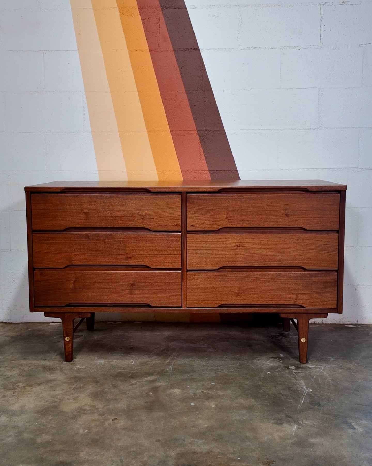 Stanley Walnut &amp; Brass Double Dresser [$795]
.
Dimensions: 52&rdquo;W x 30&rdquo;H x 19&rdquo;D