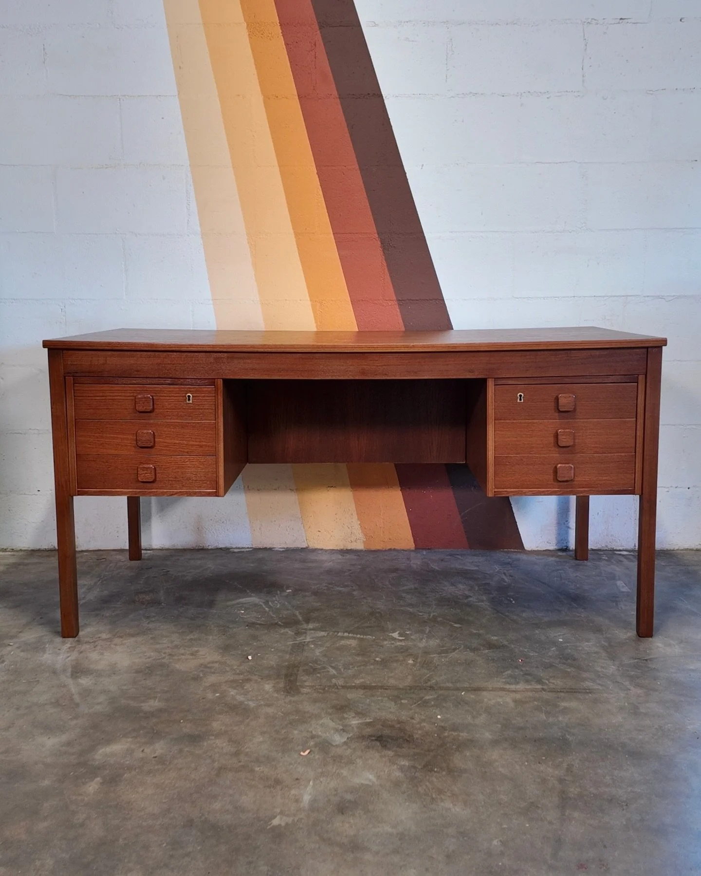 Danish Teak Desk with Lockable Storage &amp; Display Shelving [SOLD]
.
Dimensions: 57&rdquo;W x 28.5&rdquo;H x 27.5&rdquo;D