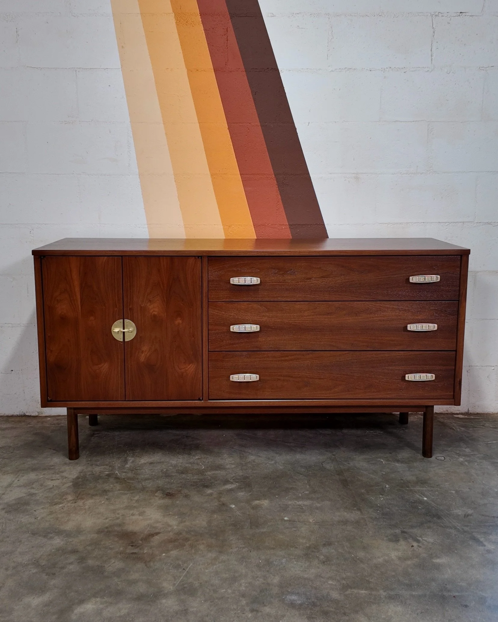 Bassett Walnut Credenza [$895]
.
Dimensions: 58&rdquo;W x 30&rdquo;H x 18&rdquo;D