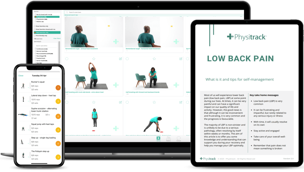 Patient using the Physitrack app to follow along with their home exercise program.