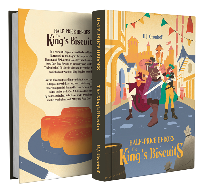 A large knight with a sword searches for something with an orange goblin on his shoulder, a wizard to his left holds a coffee cup and show a white leg, a woman with a patched eye stands to the side crossing her arms with a dagger at her side.