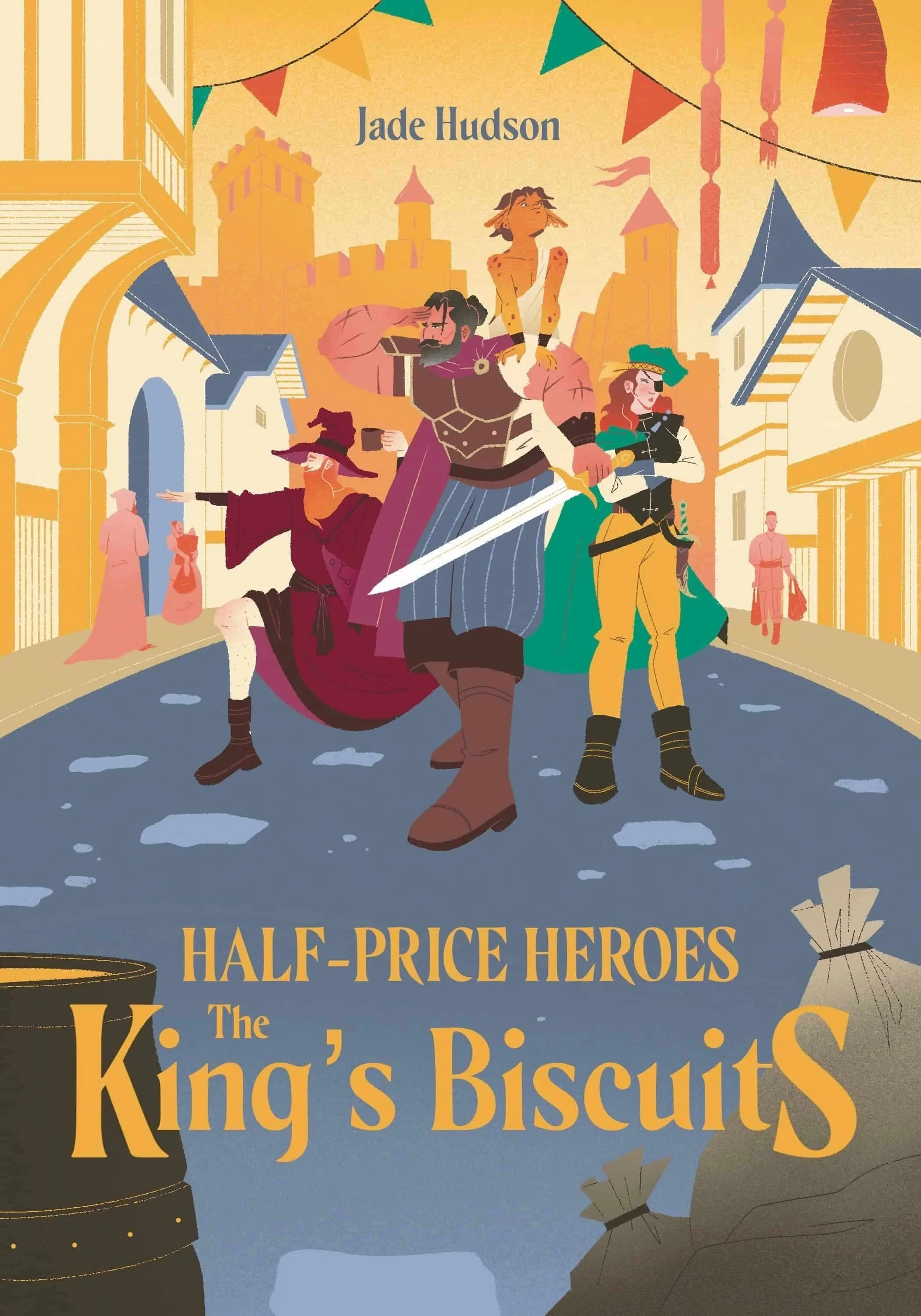 A large knight with a sword searches for something with an orange goblin on his shoulder, a wizard to his left holds a coffee cup and show a white leg, a woman with a patched eye stands to the side crossing her arms with a dagger at her side.