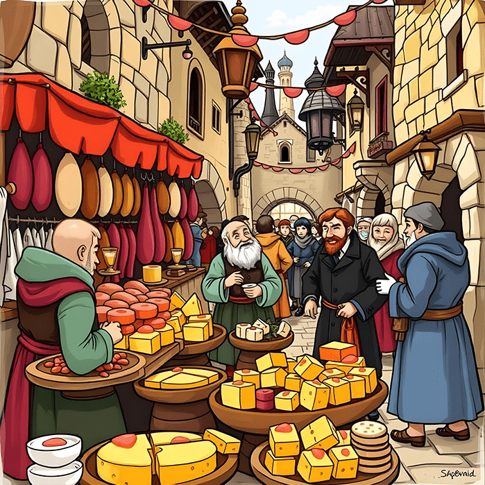 A bustling medieval fantasy city market, where a gray-bearded man and a red-haired men excitedly shop for cheeses.