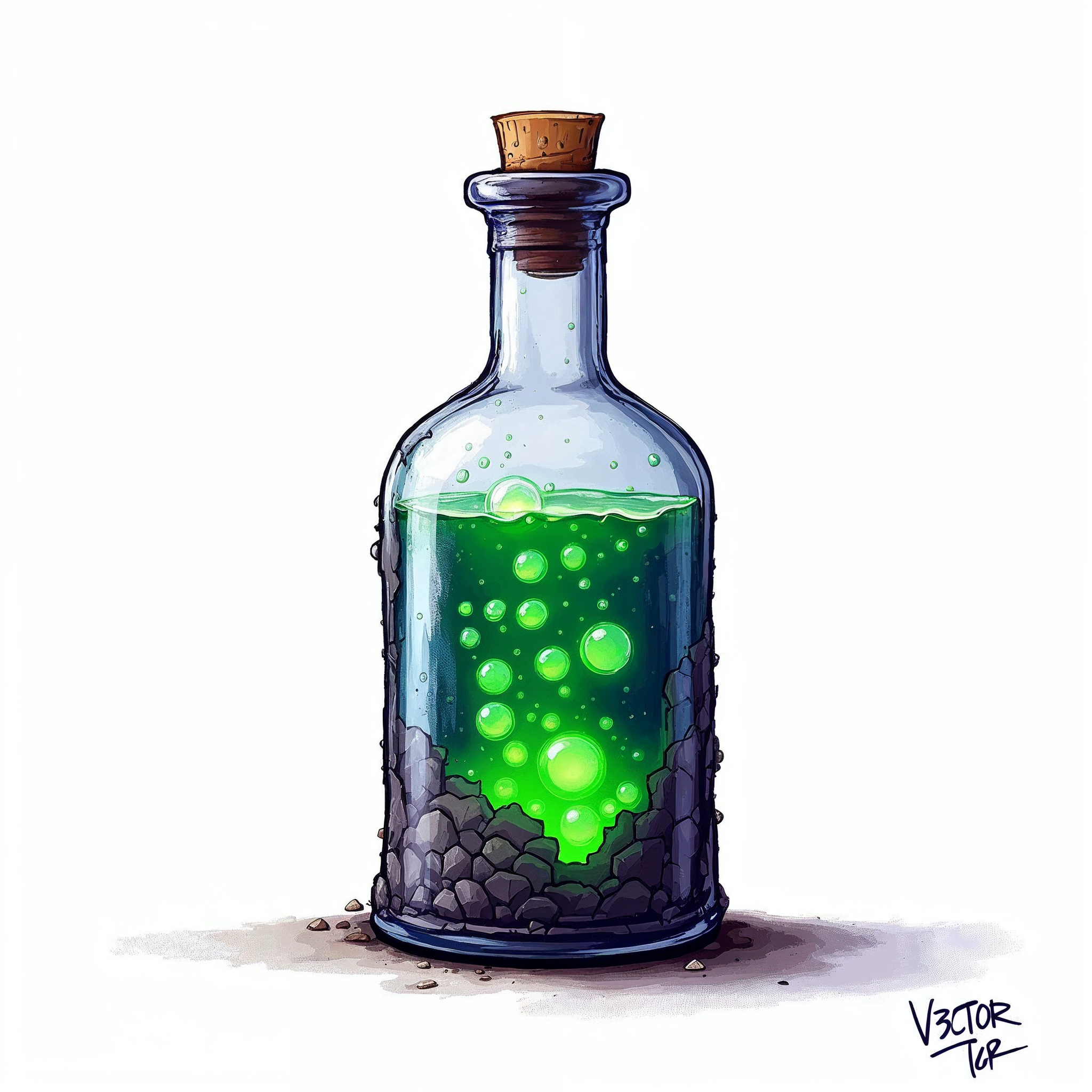 A glowing green fantasy potions with glowing bubbled and black crystals and it's base