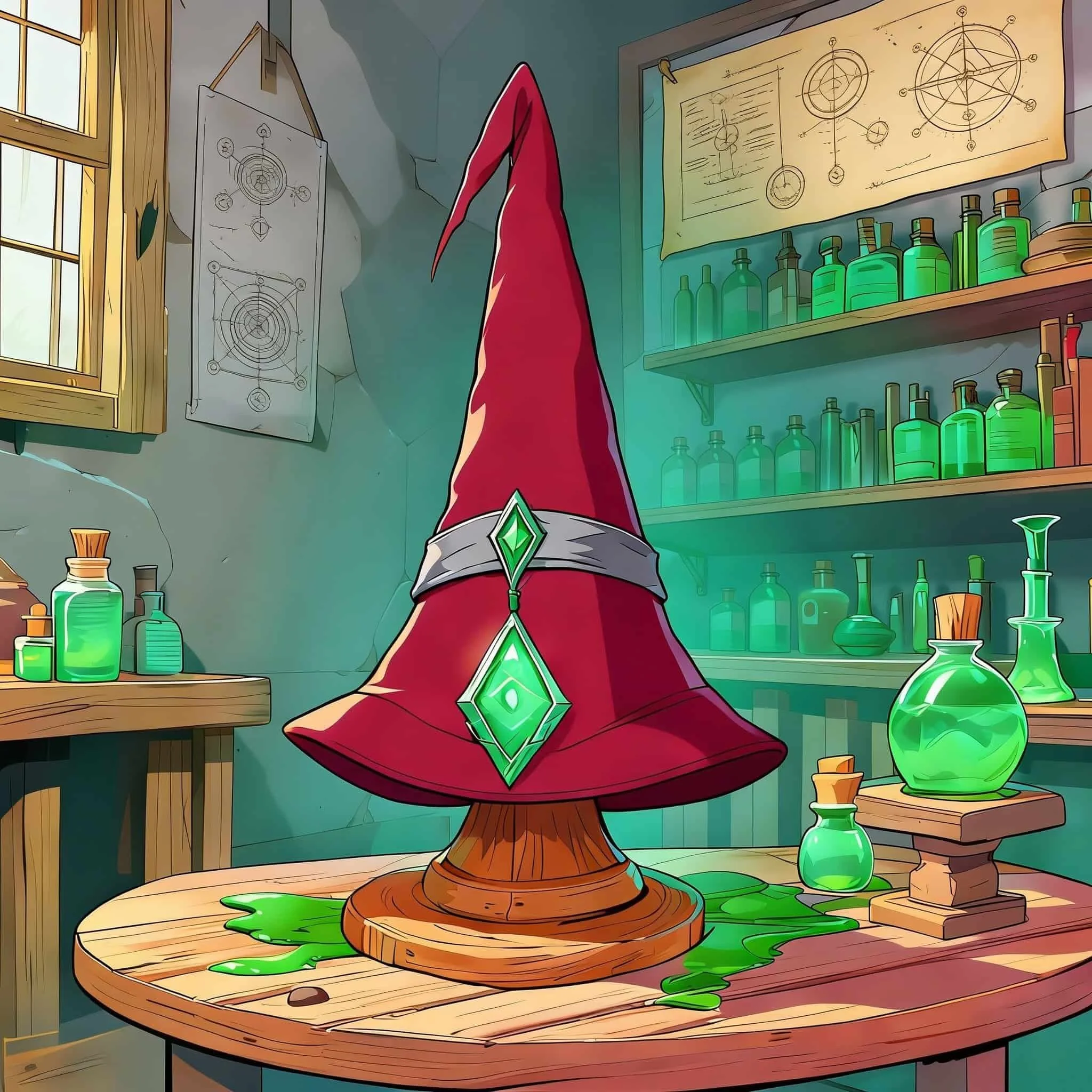A maroon wizards hat on a hat stand in a fantasy library surrounded by glowing green potions and near paper arcane diagrams hung on the wall