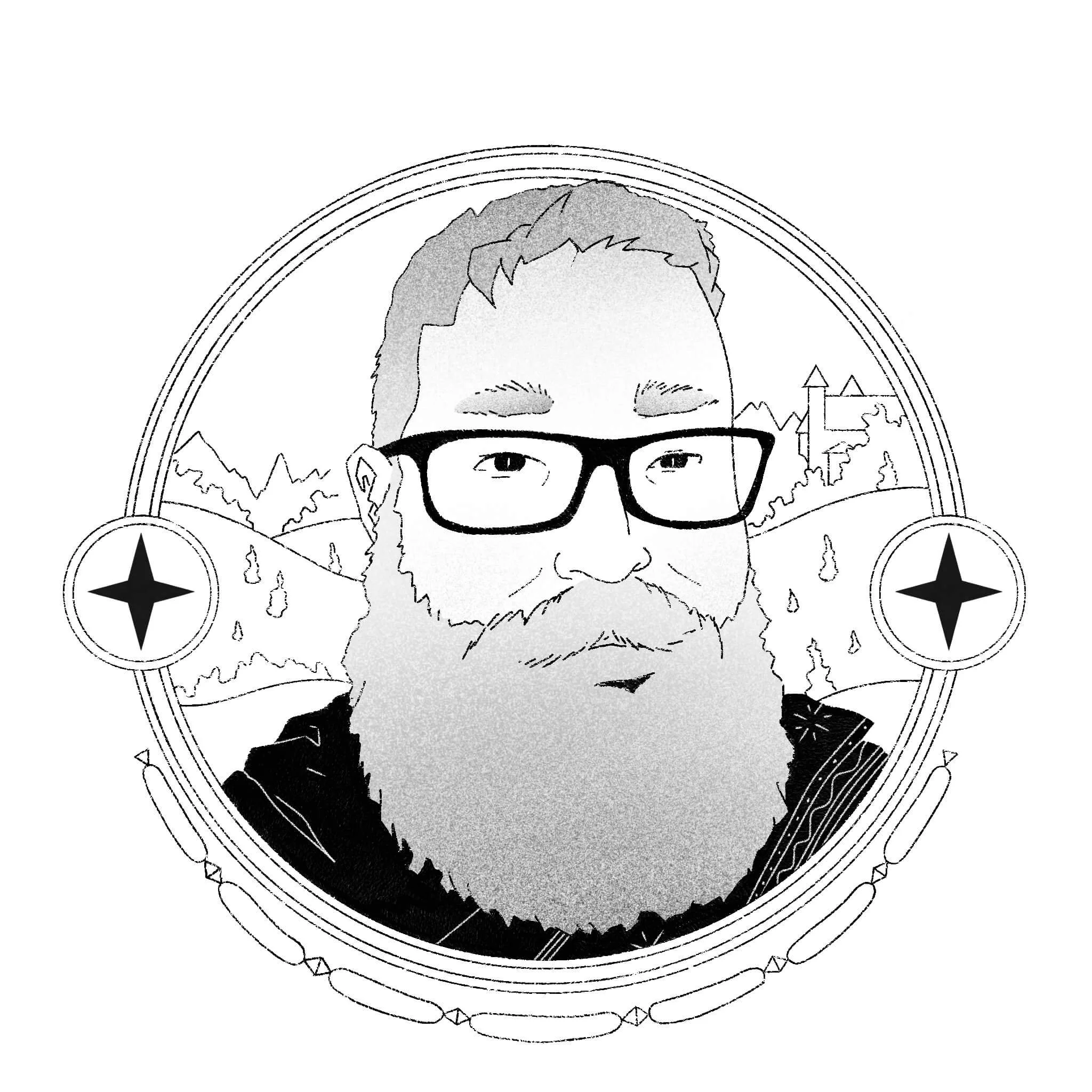 An illustrated portrait of the bearded and glasses wearing fantasy author H.J. Granhof. Behind hims is a fantasy world and a distant castle.