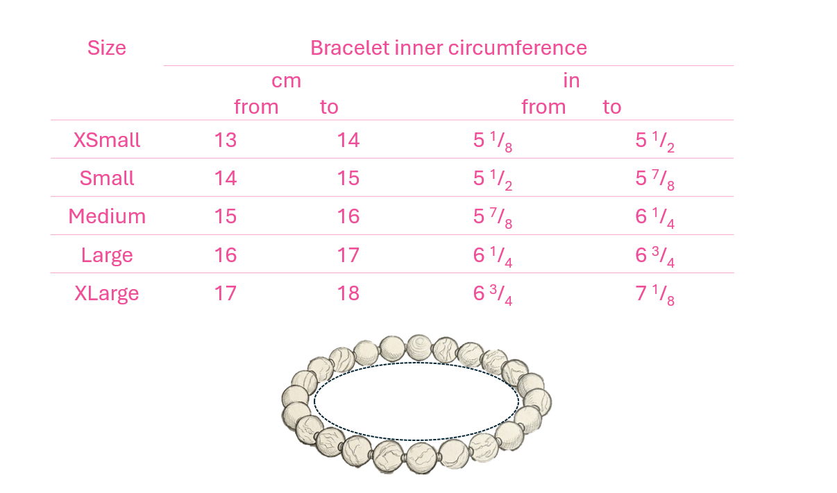 table with sizes of the bracelets, XSA = 13-14cm, S=14-15cm, M=16-16cm, L=16-17cm, XL=17-18cm