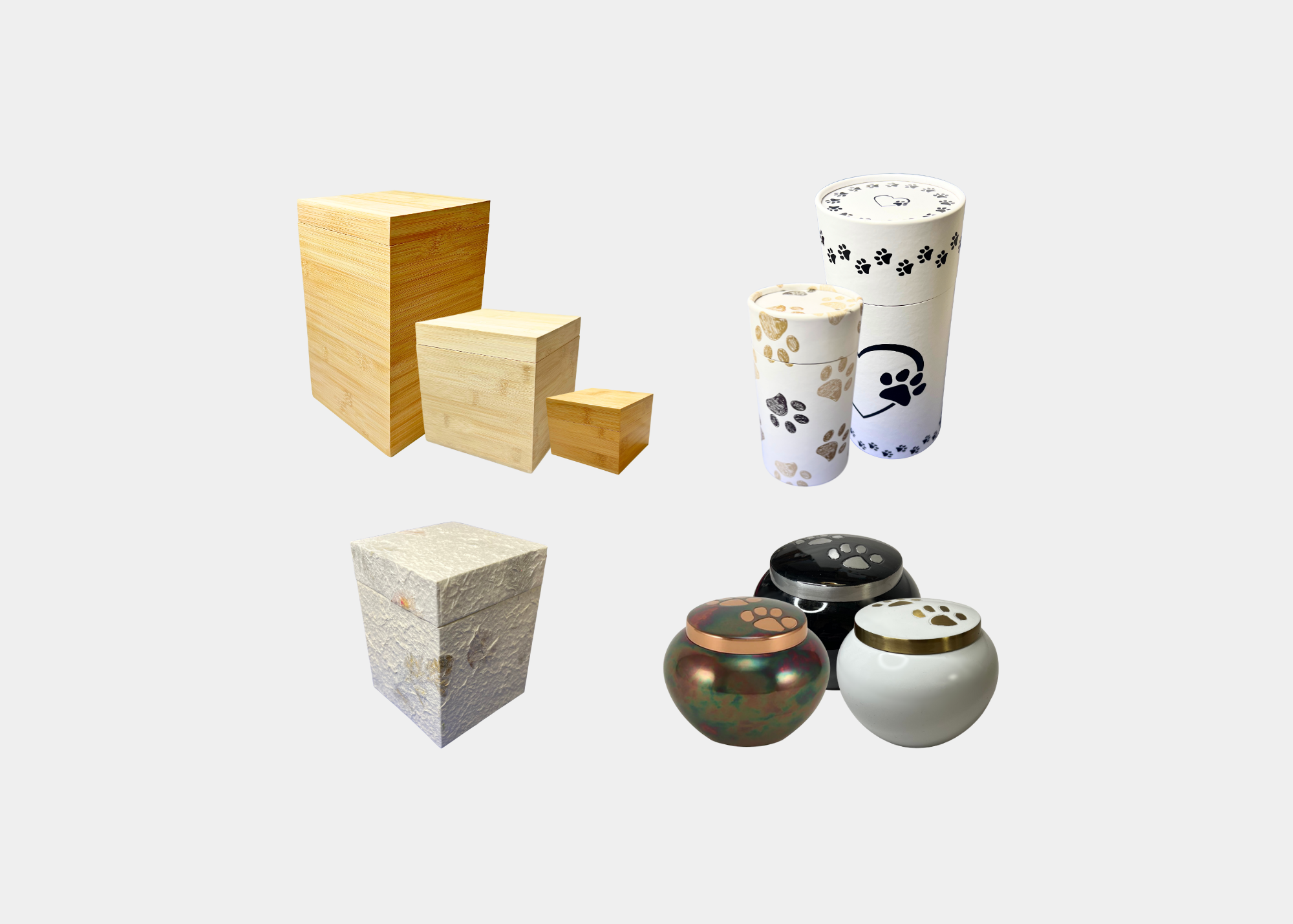 A collection of wooden, marble, and ceramic containers, including small and large boxes and jars, with some featuring paw print designs and gold or black accents.