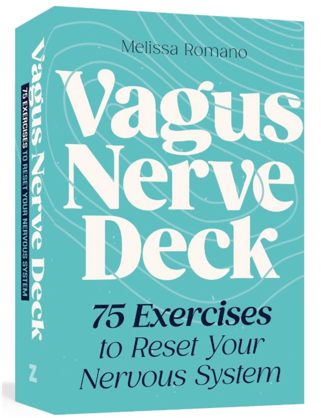 Book cover titled 'Vagus Nerve Deck' by Melissa Romano, with a subtitle '75 Exercises to Reset Your Nervous System', featuring a teal background with white and dark blue text.