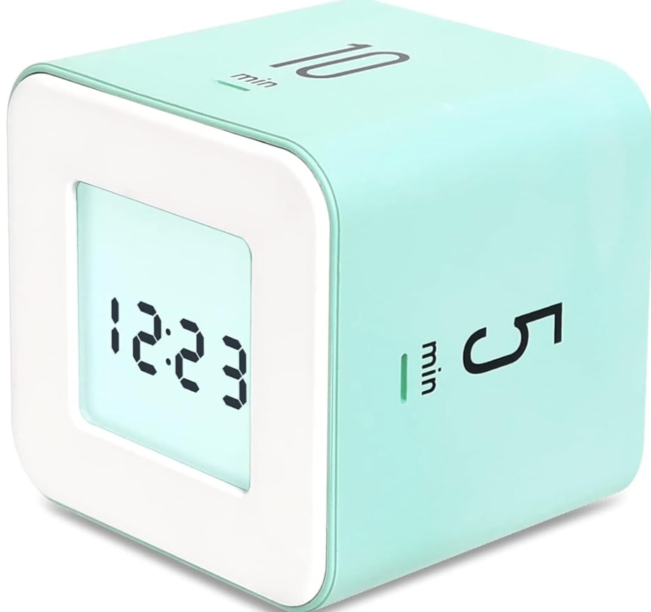 A digital timer clock displaying 12:23, featuring a light pastel green and white design with minimalistic style.