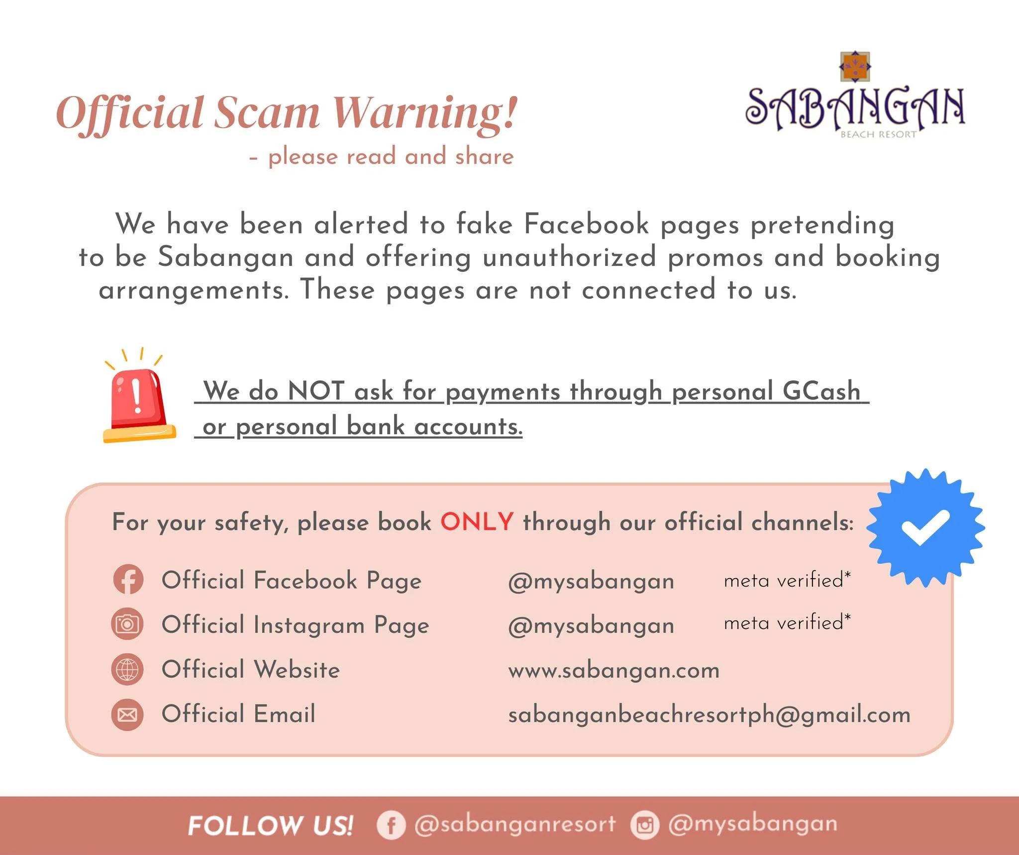 🚨 OFFICIAL SCAM WARNING &ndash; PLEASE READ &amp; SHARE

We have been alerted to fake Facebook pages pretending to be Sabangan and offering unauthorized promos and booking arrangements. These pages are not connected to us, and we do NOT ask for paym