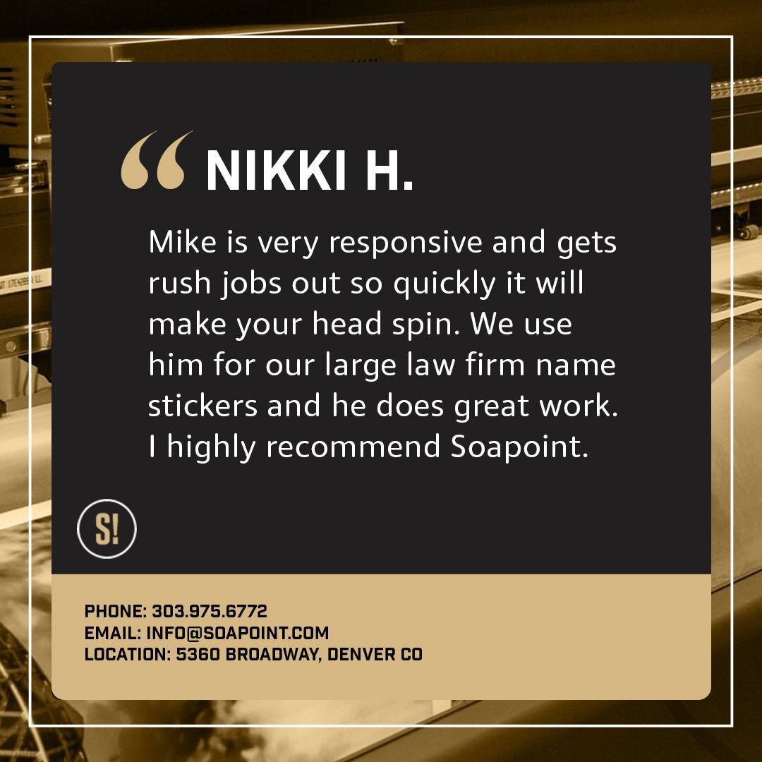 It's always a pleasure to work with you and create those awesome stickers for your firm, Nikki. Thanks for sharing your kind words! ⭐⭐⭐⭐⭐

#Soapoint #BrandingAgency #PrintAgency #Branding #Signage #SignShop #PrintShop #BusinessSignage #BusinessBrandi