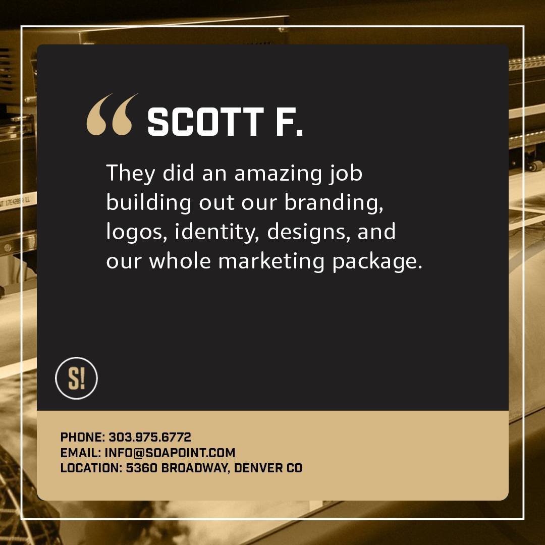 We take pride in our work, and it's always a thrill to hear from our satisfied clients. 😁

#Soapoint #BrandingAgency #PrintAgency #Branding #Signage #SignShop #PrintShop #BusinessSignage #BusinessBranding #DenverBusiness #DenverBusinessOwner