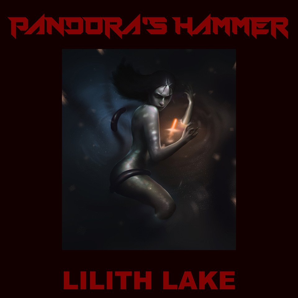 A dark red square with the words Pandora's Hammer and Lilith lake on the top and bottom and in the middle a painting of a female alien figure turned to the side and holding a cross of light