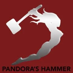 Dark red square image that has a silver and gray logo of a female figure with a large hammer and black text that says Pandora's Hammer. Click here to visit the song on SoundCloud.