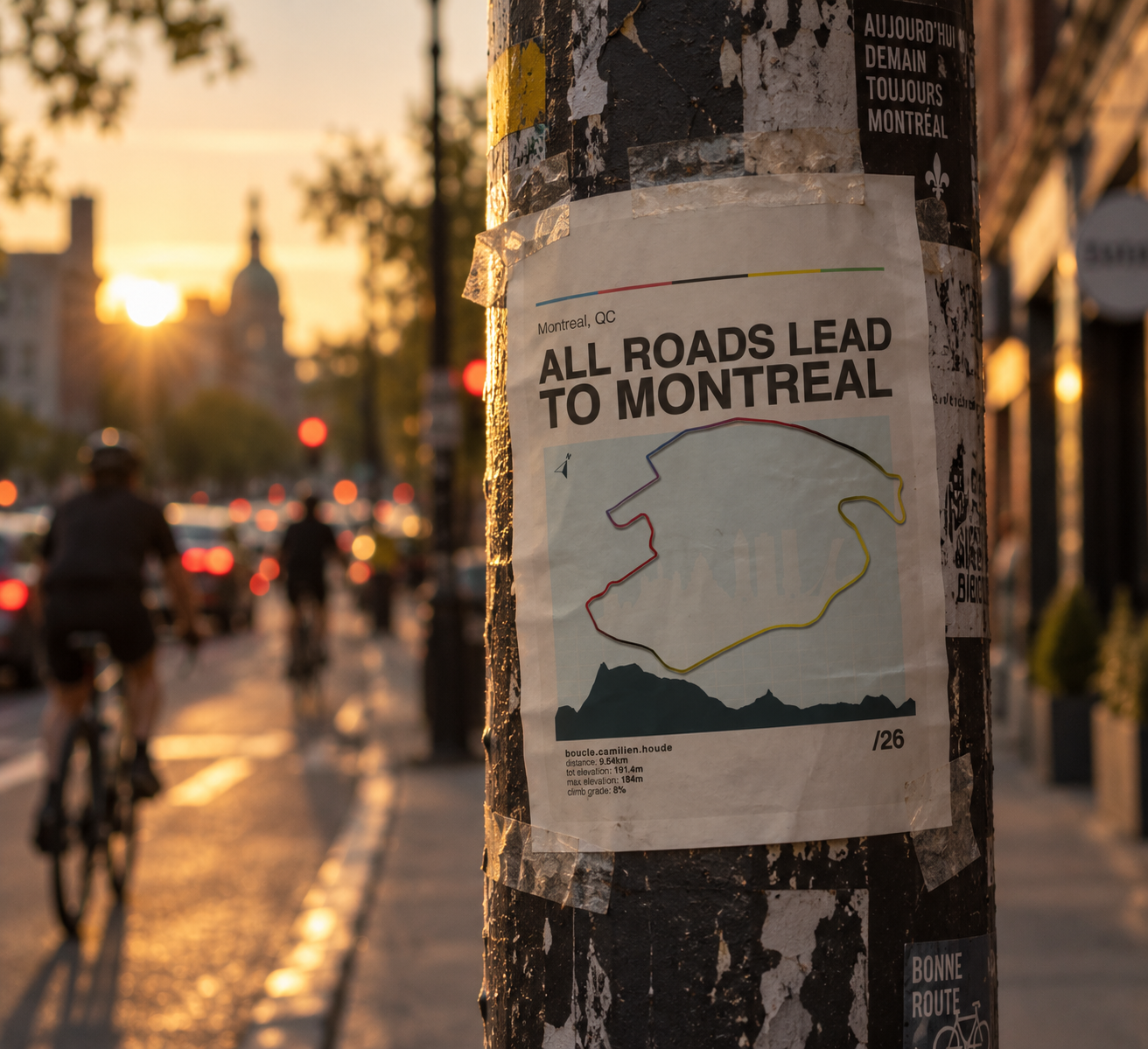 Cycling map of the iconic Camilien-Houde Loop on Mount Royal, Montreal, featuring the famous climb raced in the Grand Prix Cycliste de Montréal and 2026 UCI roads World championships