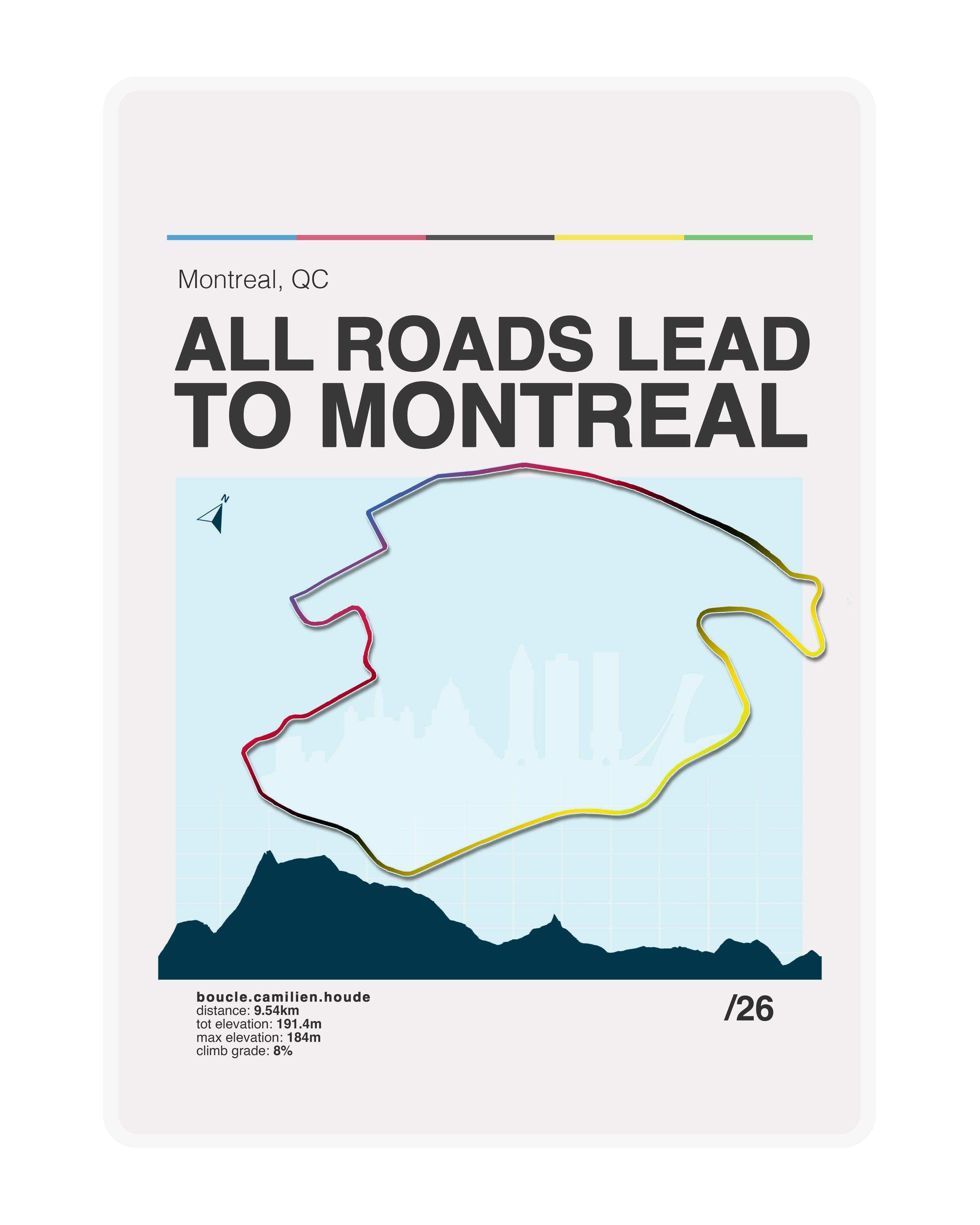 Cycling map of the iconic Camilien-Houde Loop on Mount Royal, Montreal, featuring the famous climb raced in the Grand Prix Cycliste de Montréal and 2026 UCI roads World championships
