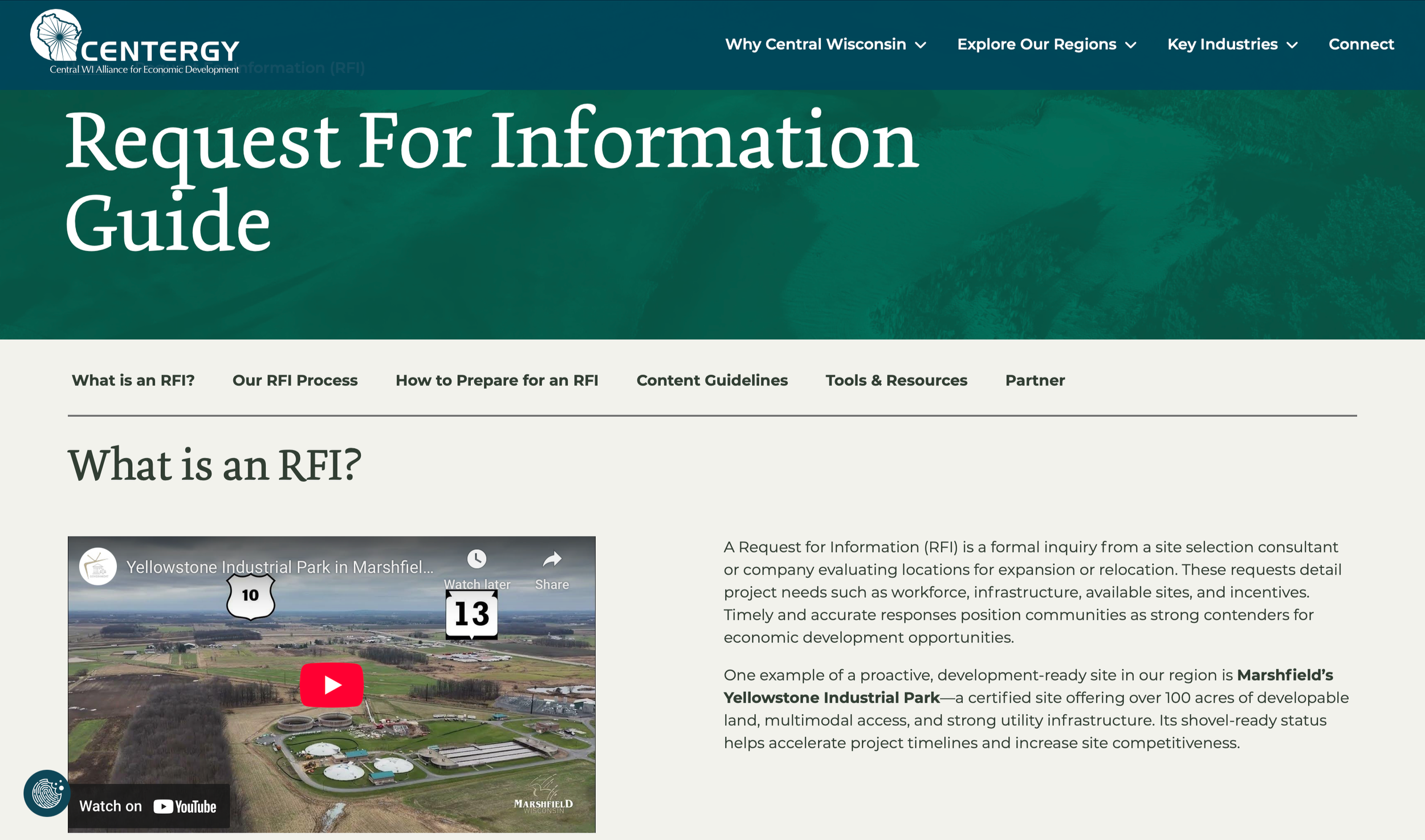 Screenshot of a webpage titled 'Request for Information Guide' from Central Wisconsin's economic development website. It includes a video thumbnail of Yellowstone Industrial Park in Marshfield and some introductory text about an RFI.
