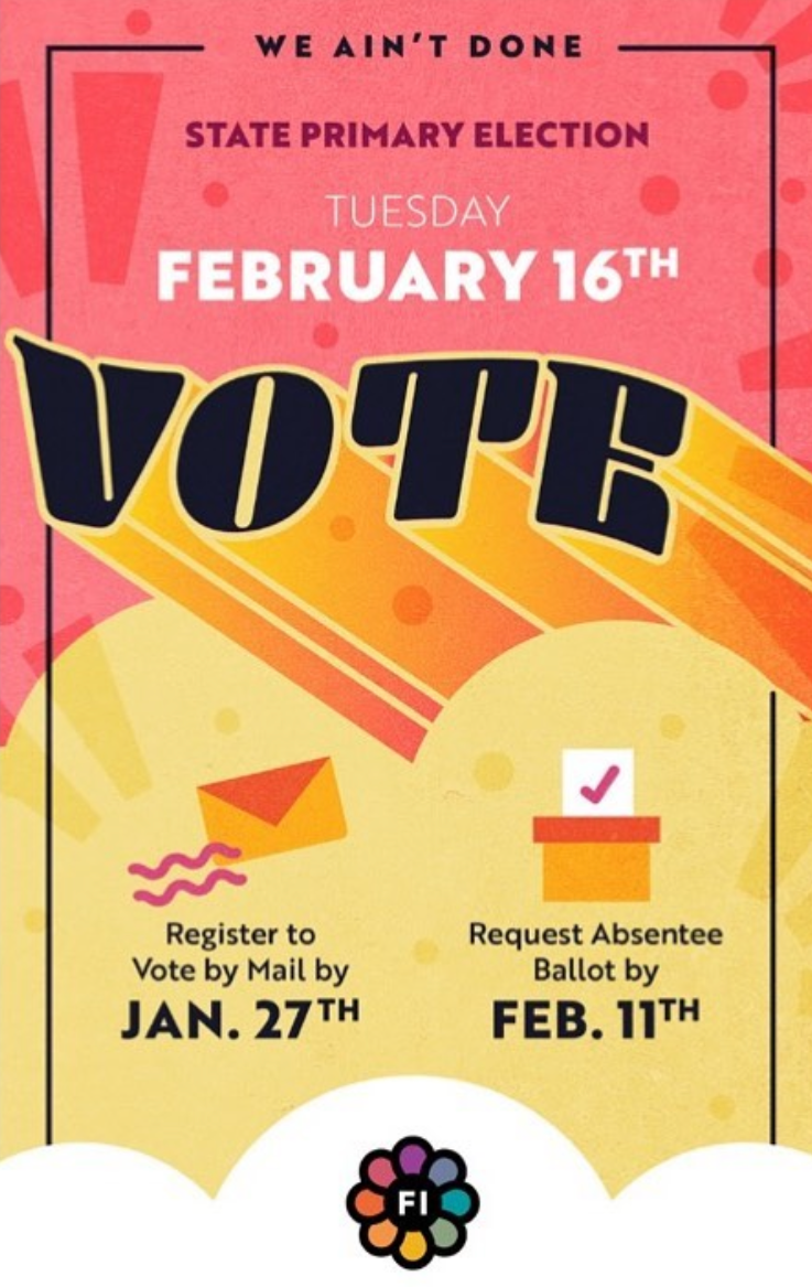 A colorful poster about a state primary election on February 16th, with voting instructions including mail and absentee ballot deadlines.
