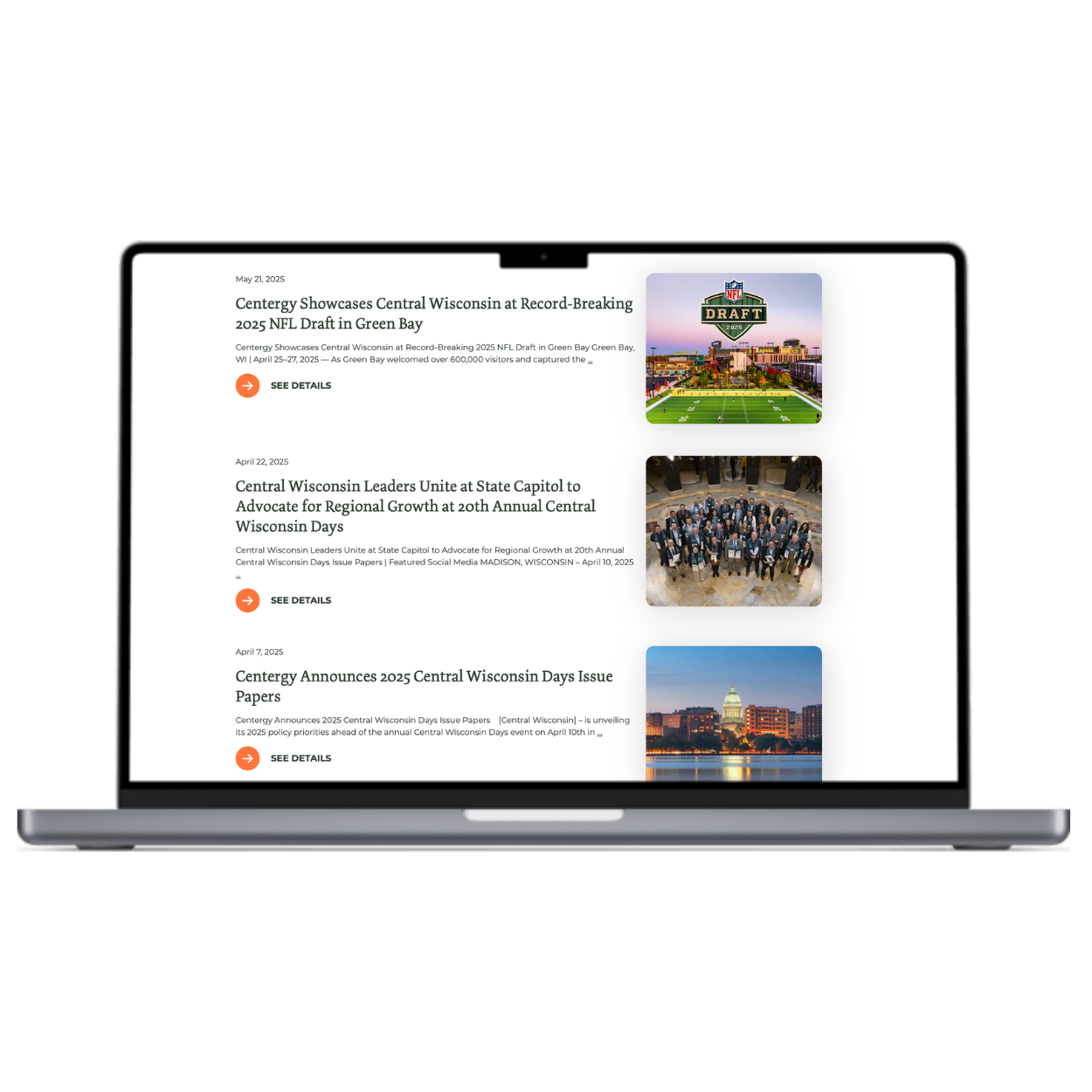 Laptop displaying news articles about Wisconsin, with images of a football field, a group of people, and a city skyline.