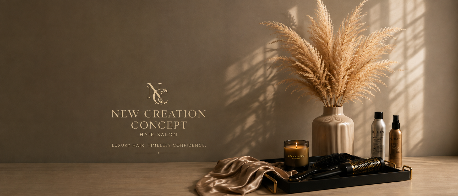 Luxury hair salon experience featuring professional Redken haircare and styling essentials at New Creation Concept.