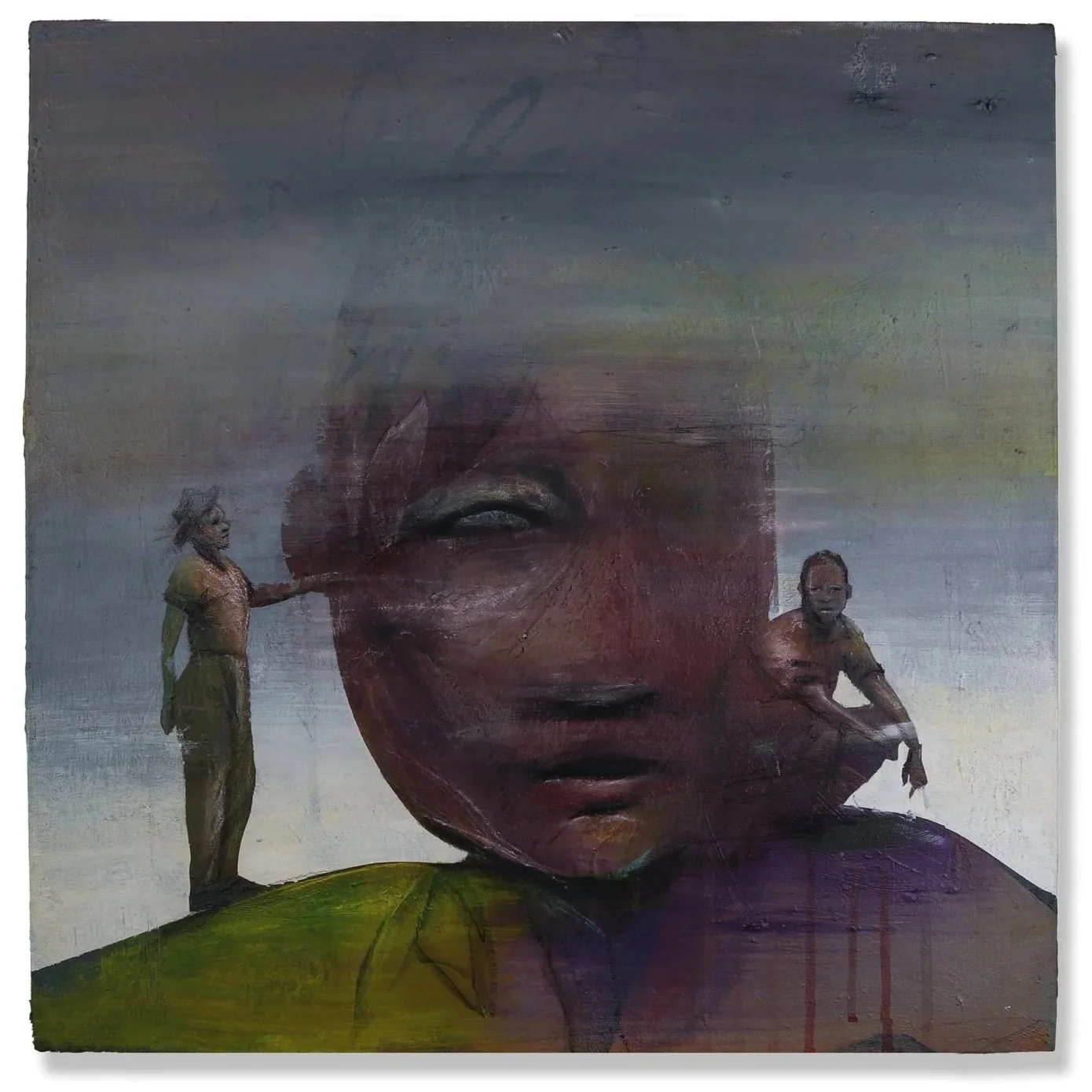 The Caretakers, 2025, acrylic and colored pencil on canvas, 20 in. x 20 in. (50.8 x 50.8 cm.)