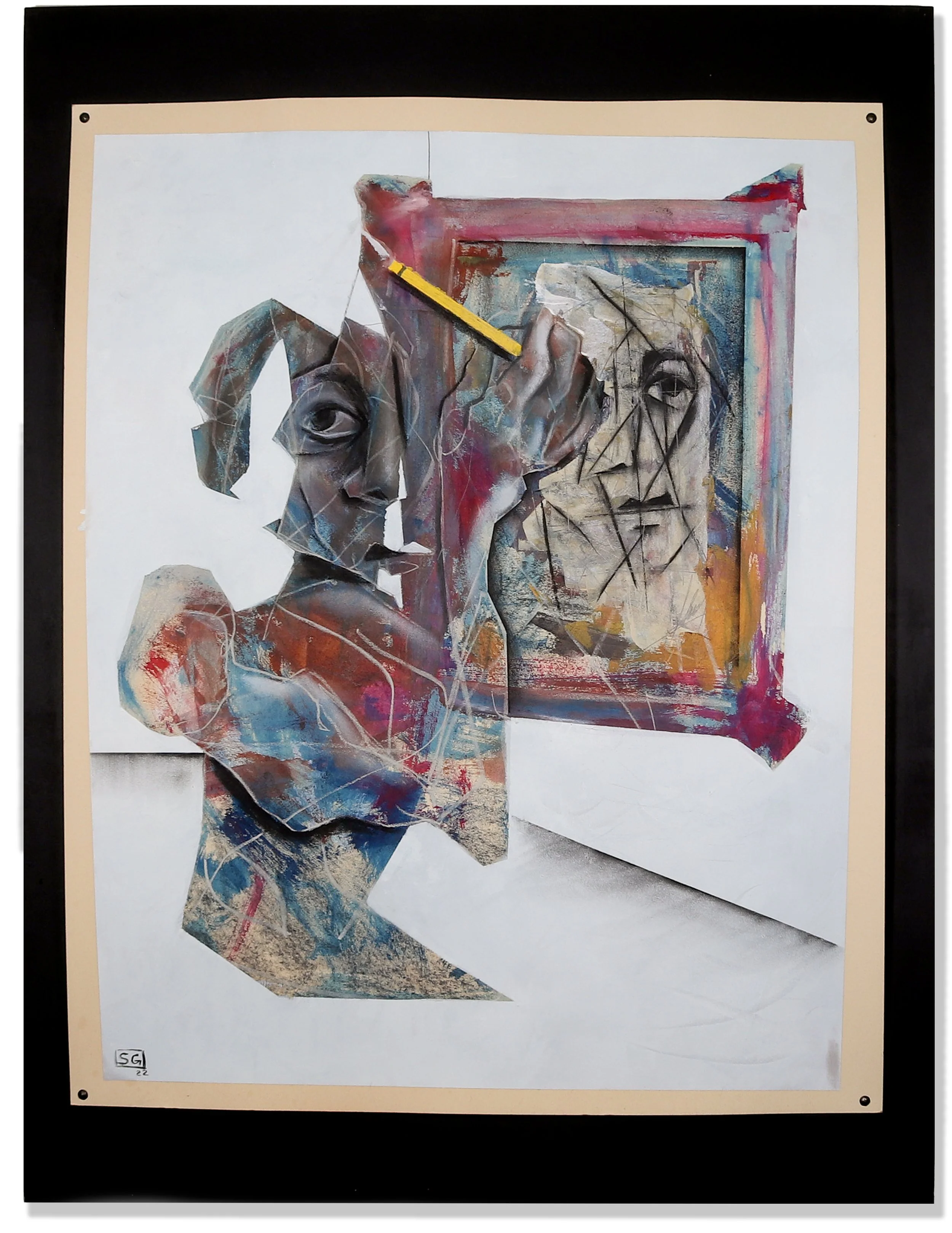 Self-portrait, 2022, acrylic, pastel, and charcoal on paper.
image: 38 x 301⁄2 in. (96.5 x 77.5 cm)
paper: 40 x 32 in. (101.6 x 81.28 cm)
frame: 48 x 36 in. (121.9 x 91.4 cm)