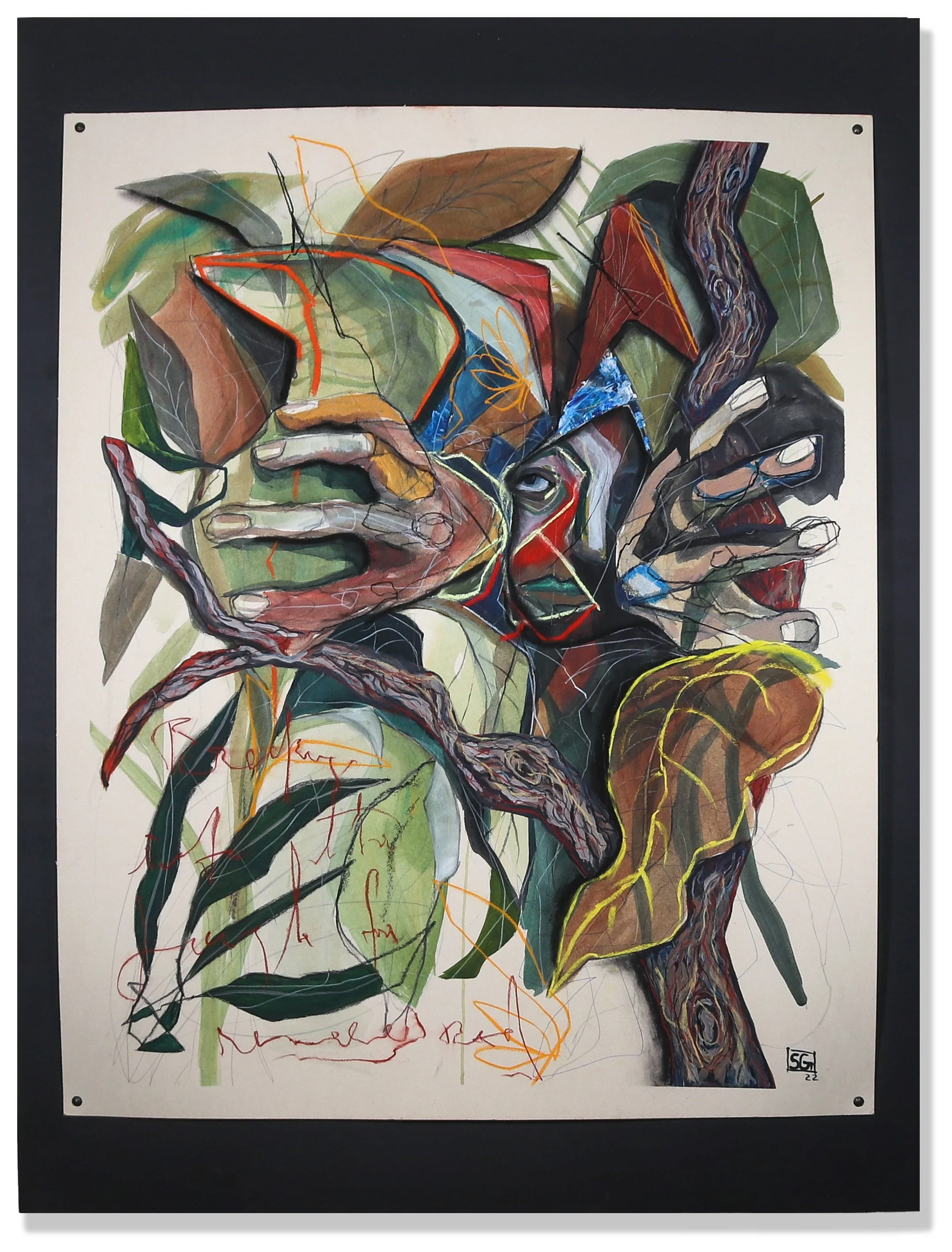 The Jungle, 2022, acrylic, pastel, and charcoal on paper.
image: 38 x 301⁄2 in. (96.5 x 77.5 cm)
paper: 40 x 32 in. (101.6 x 81.28 cm)
frame: 48 x 36 in. (121.9 x 91.4 cm)