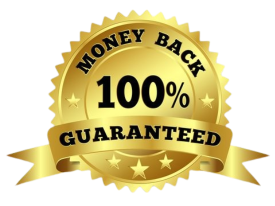 A gold badge with the text 'Money Back 100% Guaranteed' and decorative stars.