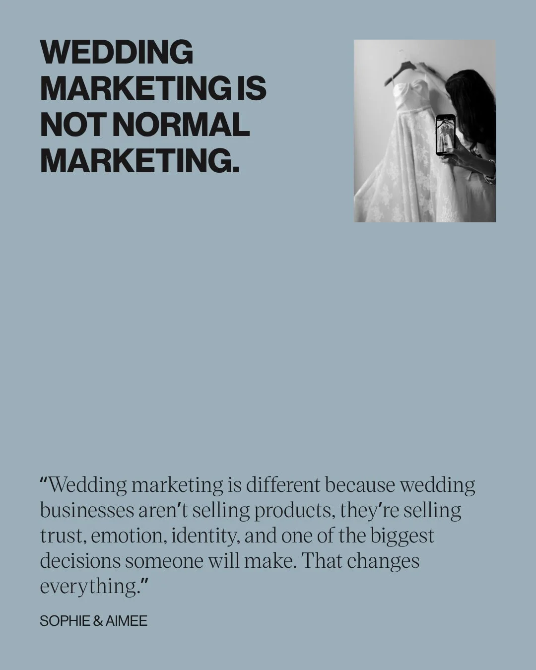 This is why most marketing agencies struggle working with clients in the wedding industry.

Wedding decisions are:
🤍 High emotional weight
🤍 Long and short lead times simultaneously
🤍 Highly visual
🤍 Heavily influenced by trust and taste

Which m
