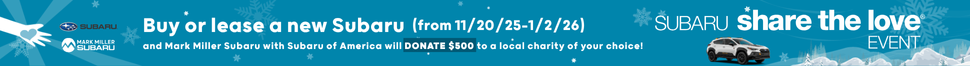 Banner promoting Subaru's buy or lease event from November 20 to January 26, with a call to donate $500 to a local charity, featuring Subaru vehicles and a winter snow background.